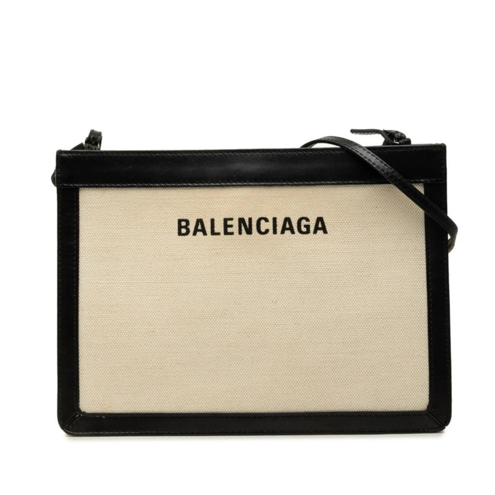 Balenciaga Navy Pochette Crossbody Shoulder Bag 339937 White Black Canvas Lea...